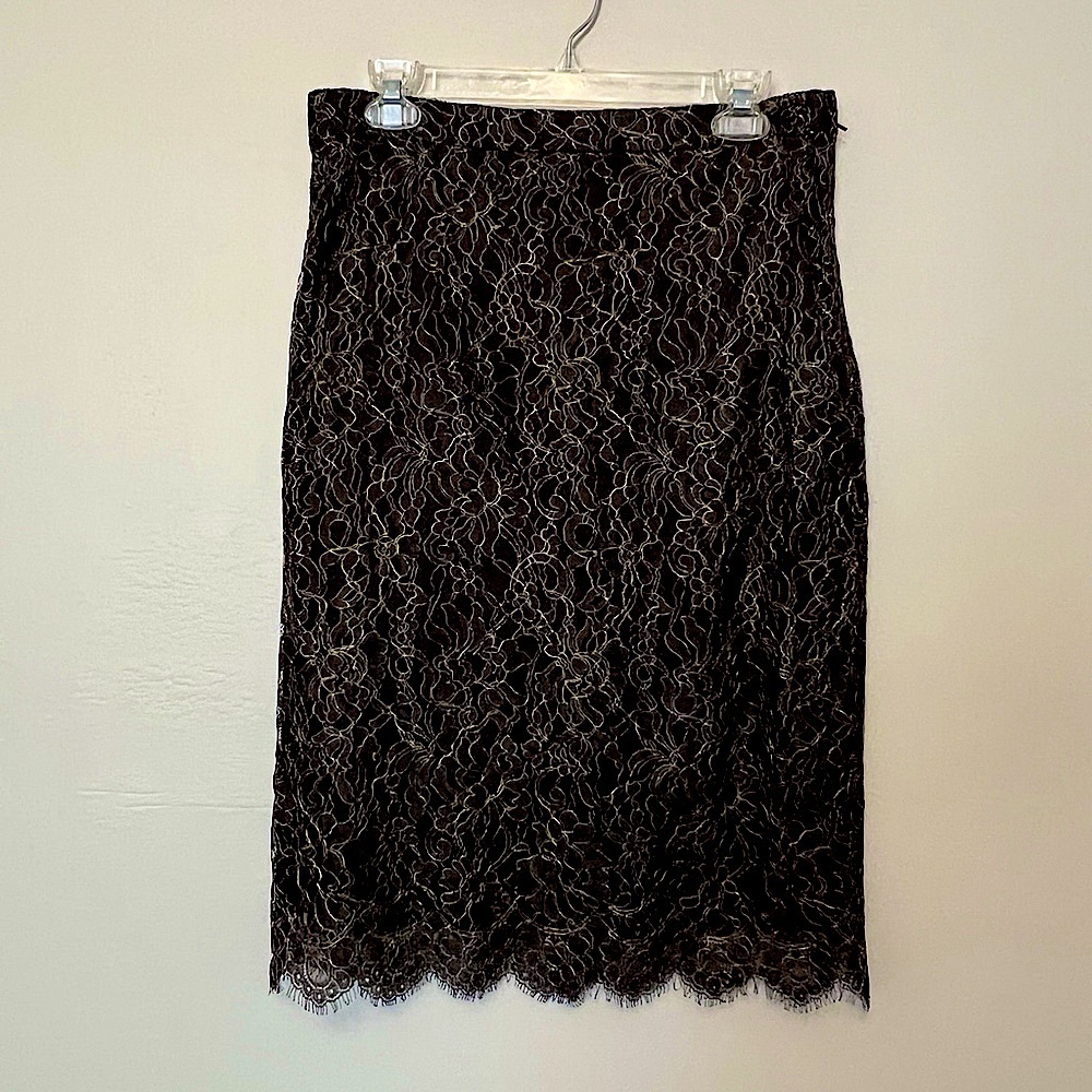 Brown Dark Romantic Lace Gold Metallic Overlay Lined Pencil Skirt Party Career 8